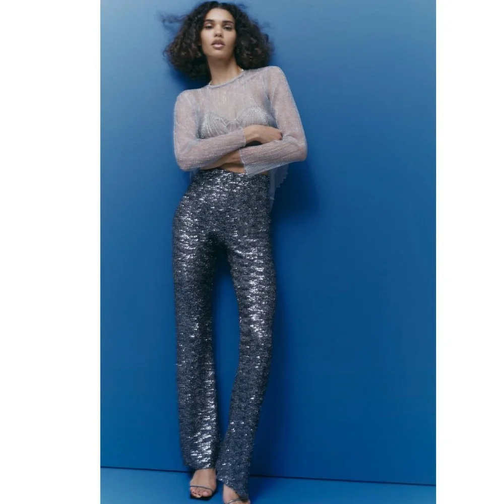 BLOGGER'S FAVE! Zara Flared Sequin Leggings Dark Silver NWT